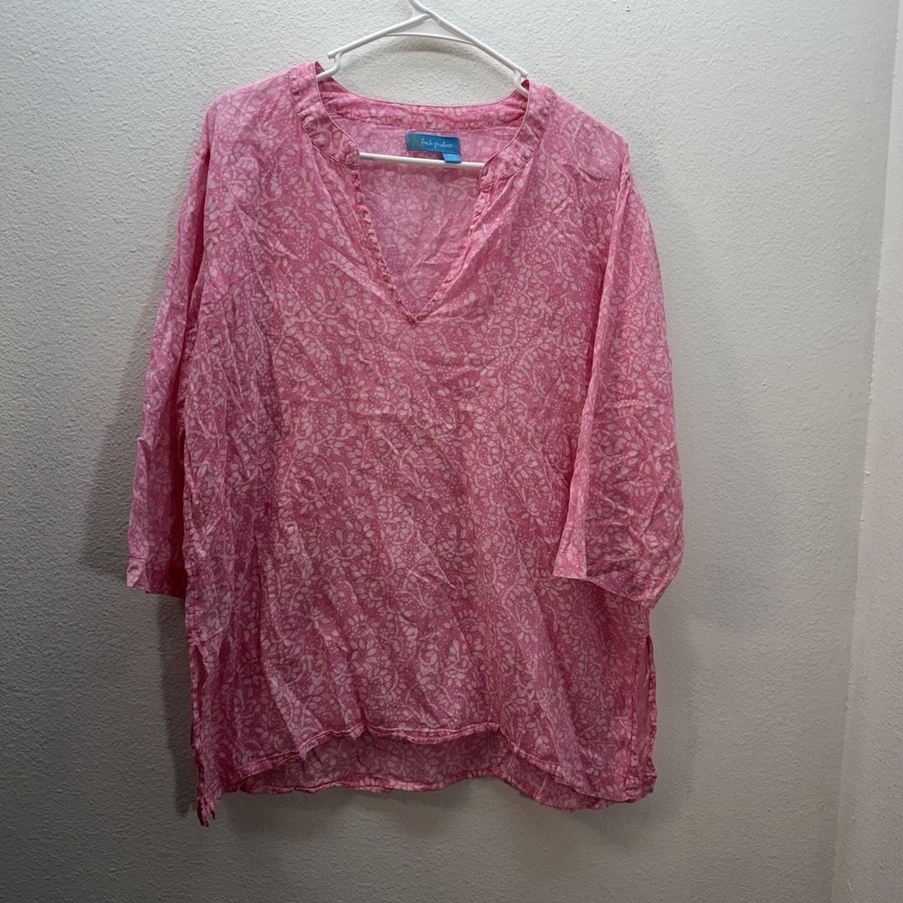 Fresh Produce Size M/L Pink Floral Lightweight 100% Cotton V Neck Split Beachy
